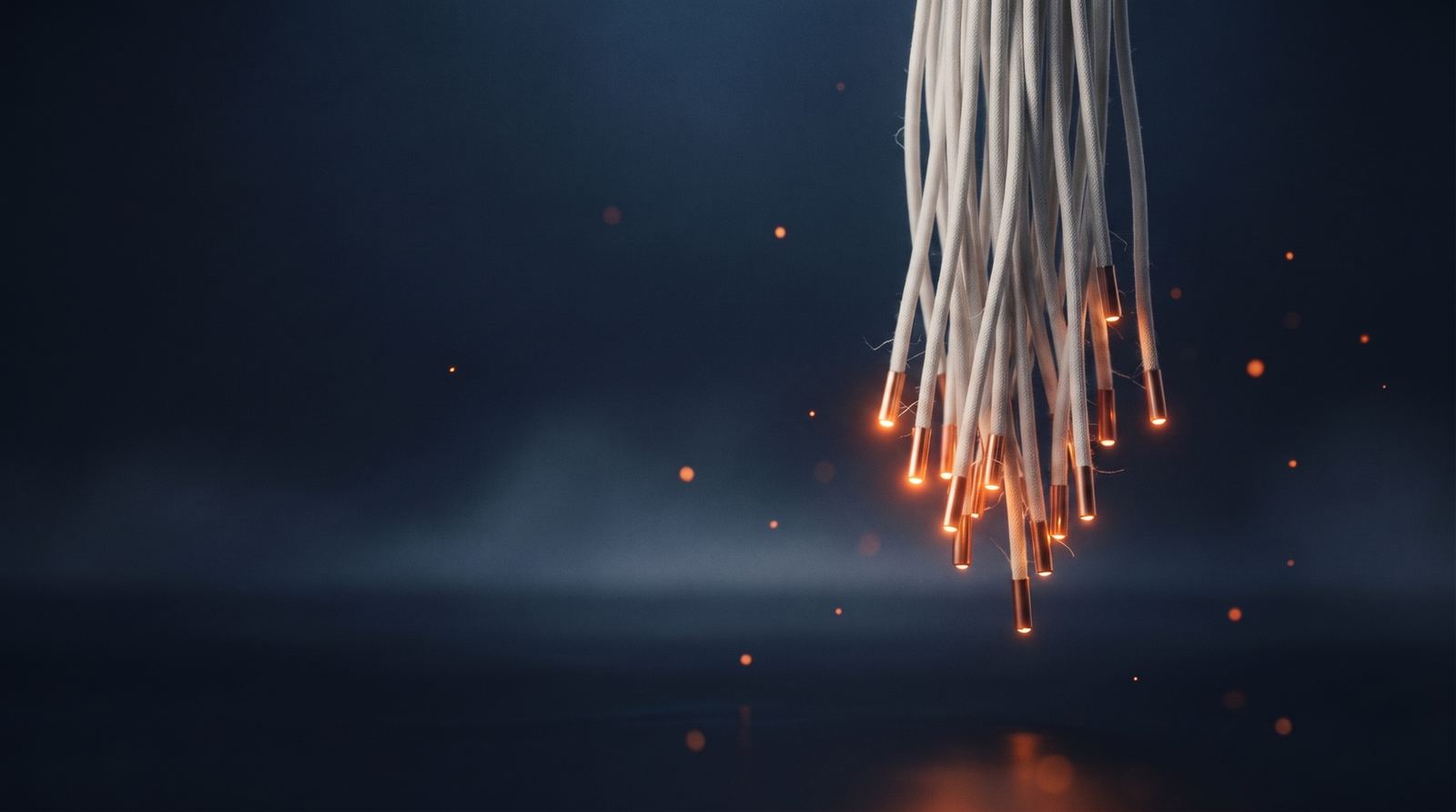 Haz de cables blancos con puntas de cobre incandescente sobre un fondo azul noche